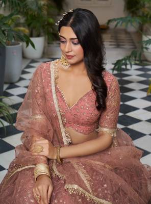 RUST  NET FABRIC LAHENGA WITH SEQUINS AND THREAD EMBROIDERY WORK 4