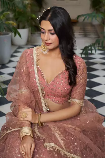RUST  NET FABRIC LAHENGA WITH SEQUINS AND THREAD EMBROIDERY WORK