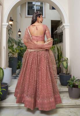 RUST  NET FABRIC LAHENGA WITH SEQUINS AND THREAD EMBROIDERY WORK 5