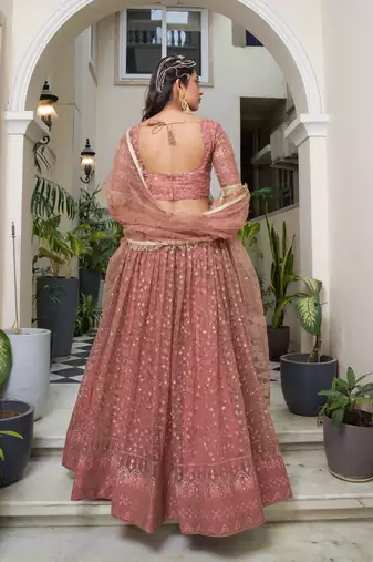 RUST  NET FABRIC LAHENGA WITH SEQUINS AND THREAD EMBROIDERY WORK