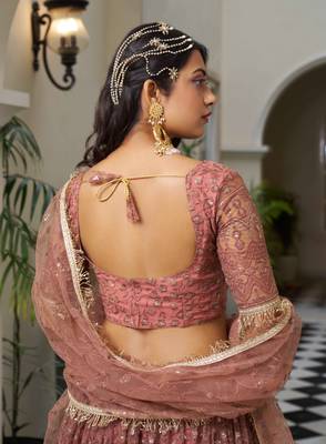 RUST  NET FABRIC LAHENGA WITH SEQUINS AND THREAD EMBROIDERY WORK 6