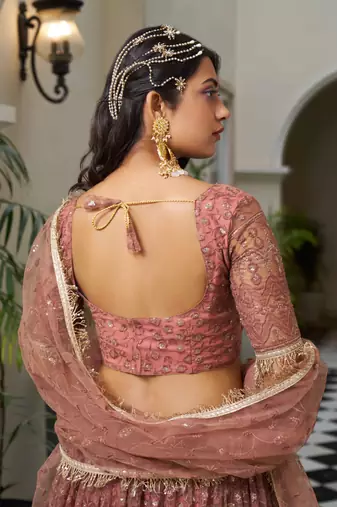 RUST  NET FABRIC LAHENGA WITH SEQUINS AND THREAD EMBROIDERY WORK