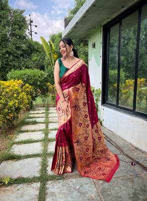 Maroon Paithani style zari weaving silk bland Floral pallu saree with Blouse 1
