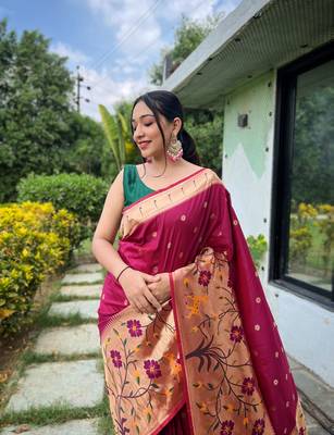 Maroon Paithani style zari weaving silk bland Floral pallu saree with Blouse 2