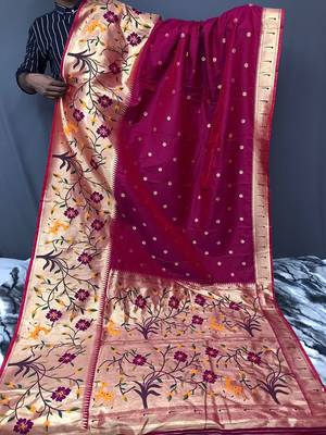 Maroon Paithani style zari weaving silk bland Floral pallu saree with Blouse 3