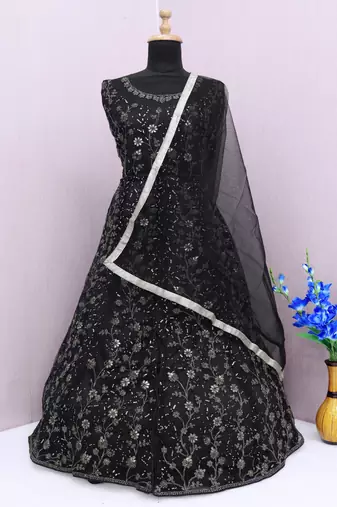 Black embroidered butterfly net anarkali suit