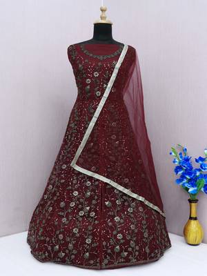 Maroon embroidered butterfly net anarkali suit 4