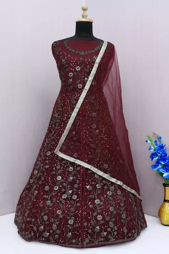 Maroon embroidered butterfly net anarkali suit