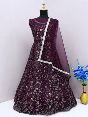 Wine embroidered butterfly net anarkali suit 4