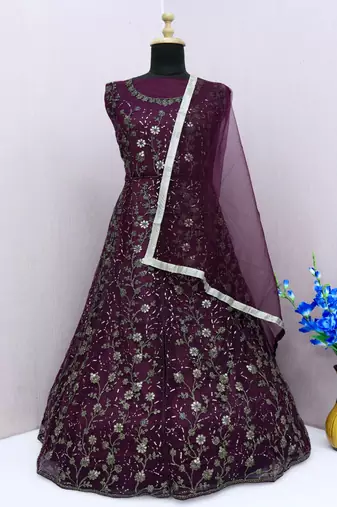 Wine embroidered butterfly net anarkali suit