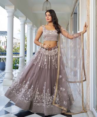 LIGHT DUSTY BROWN  NET FABRIC LAHENGA WITH SEQUINS AND THREAD EMBROIDERY WORK 1