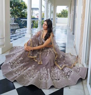 LIGHT DUSTY BROWN  NET FABRIC LAHENGA WITH SEQUINS AND THREAD EMBROIDERY WORK 3