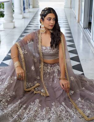 LIGHT DUSTY BROWN  NET FABRIC LAHENGA WITH SEQUINS AND THREAD EMBROIDERY WORK 4