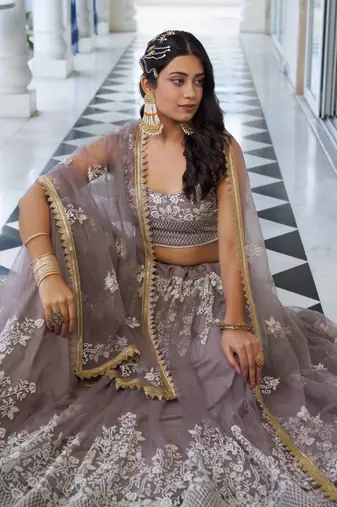 LIGHT DUSTY BROWN  NET FABRIC LAHENGA WITH SEQUINS AND THREAD EMBROIDERY WORK