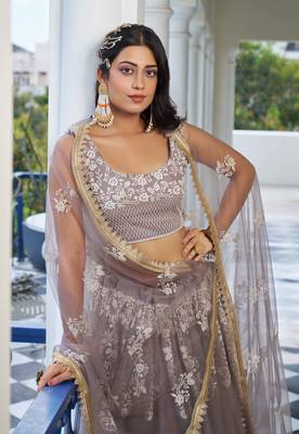 LIGHT DUSTY BROWN  NET FABRIC LAHENGA WITH SEQUINS AND THREAD EMBROIDERY WORK 5