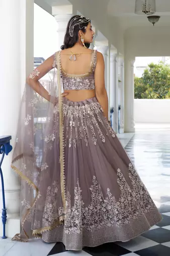 LIGHT DUSTY BROWN  NET FABRIC LAHENGA WITH SEQUINS AND THREAD EMBROIDERY WORK