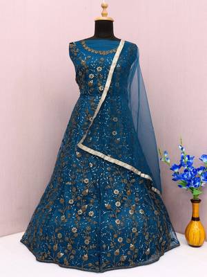 Teal embroidered butterfly net anarkali suit 4