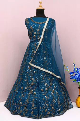 Teal embroidered butterfly net anarkali suit