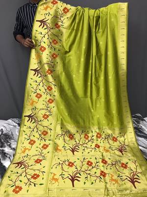 Pista  Paithani style zari weaving silk bland Floral pallu saree with Blouse 3