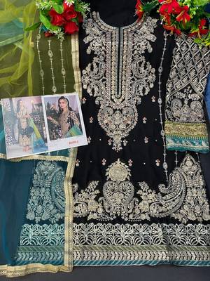 Black embroidered faux georgette semi stitched salwar suit 4