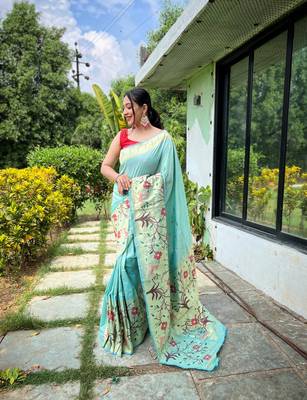 Sky Blue Paithani style zari weaving silk bland Floral pallu saree with Blouse 1