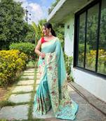 Sky Blue Paithani style zari weaving silk bland Floral pallu saree with Blouse