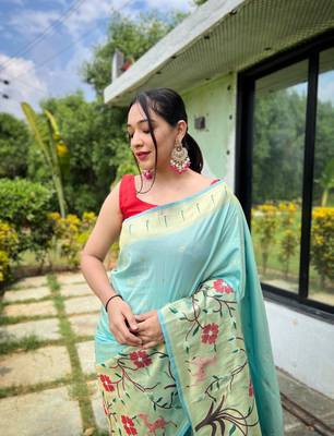 Sky Blue Paithani style zari weaving silk bland Floral pallu saree with Blouse 2