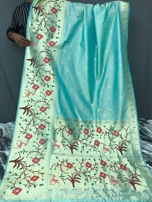 Sky Blue Paithani style zari weaving silk bland Floral pallu saree with Blouse 3