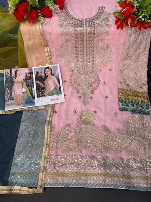 Pink embroidered faux georgette semi stitched salwar suit 3