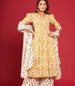 Women Yellow Printed Pure Cotton A-Line Kurta with Palazzo & Dupatta