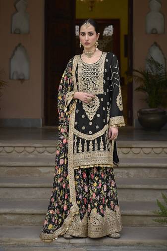 Black Embroidered Chinon Silk Free Size Sharara Salwar Suit
