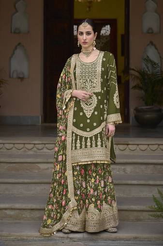 Green Embroidered Chinon Silk Free Size Sharara Salwar Suit