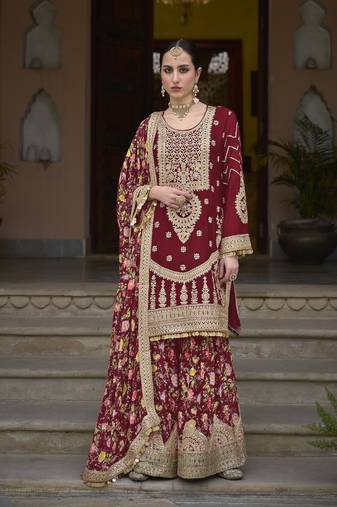 Maroon Embroidered Chinon Silk Free Size Sharara Salwar Suit