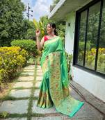 Lime Green Paithani style zari weaving silk bland Floral pallu saree with Blouse