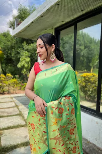 Lime Green Paithani style zari weaving silk bland Floral pallu saree with Blouse
