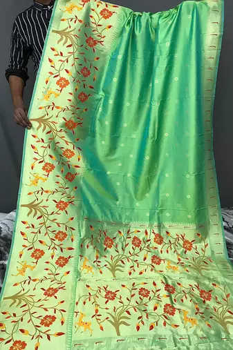 Lime Green Paithani style zari weaving silk bland Floral pallu saree with Blouse