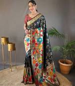 Black Paithani style zari weaving silk bland Floral pallu saree with Blouse