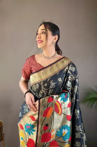 Black Paithani style zari weaving silk bland Floral pallu saree with Blouse