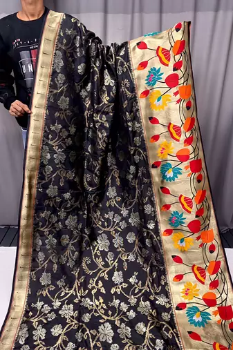 Black Paithani style zari weaving silk bland Floral pallu saree with Blouse