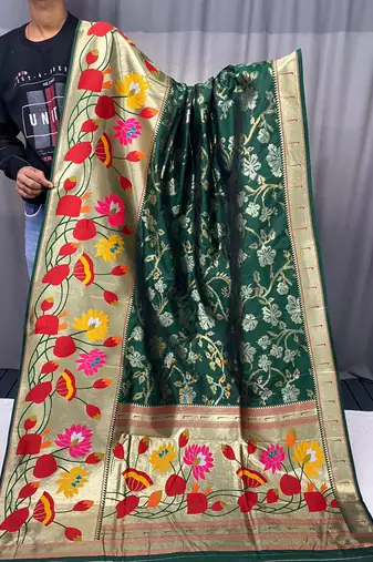 Greeen Paithani style zari border silk bland Floral weaaving saree with Blouse