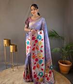 Lavander Paithani style zari border silk bland Floral weaaving saree with Blouse