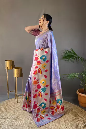 Lavander Paithani style zari border silk bland Floral weaaving saree with Blouse