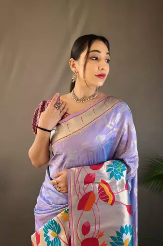 Lavander Paithani style zari border silk bland Floral weaaving saree with Blouse