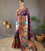 wine Paithani style zari border silk bland Floral weaaving saree with Blouse