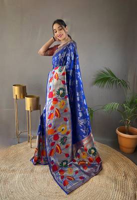 Violet Paithani style zari border silk bland Floral weaaving saree with Blouse 1