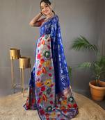 Violet Paithani style zari border silk bland Floral weaaving saree with Blouse