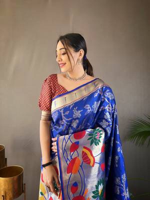 Violet Paithani style zari border silk bland Floral weaaving saree with Blouse 2