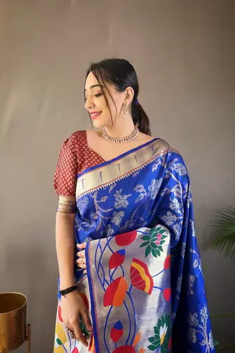 Violet Paithani style zari border silk bland Floral weaaving saree with Blouse