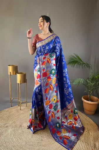 Violet Paithani style zari border silk bland Floral weaaving saree with Blouse
