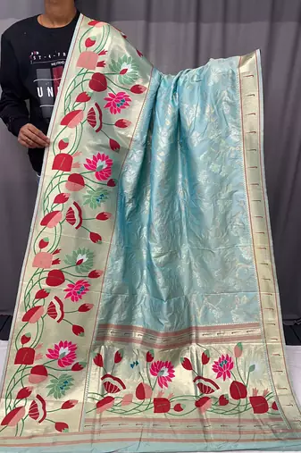 Sky Paithani style zari border silk bland Floral weaaving saree with Blouse